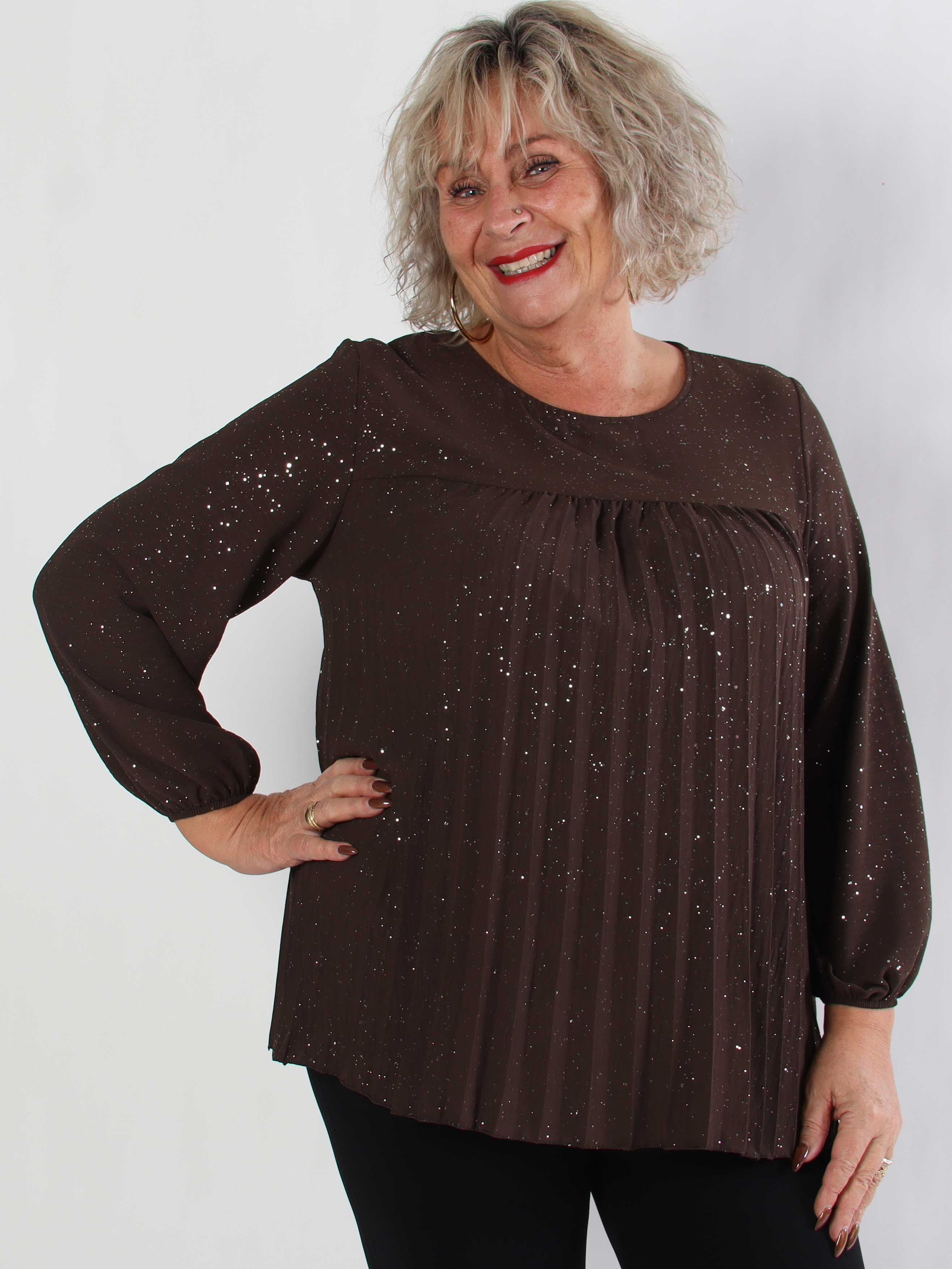 Nancy Glitter Shirt L/S - Plisseret plus size bluse med glitter